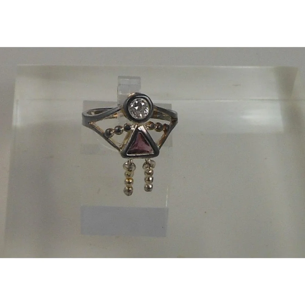 Vintage 90s Sterling Silver Angel Dangle Ring Purple & Clear CZ Stone's Size 7